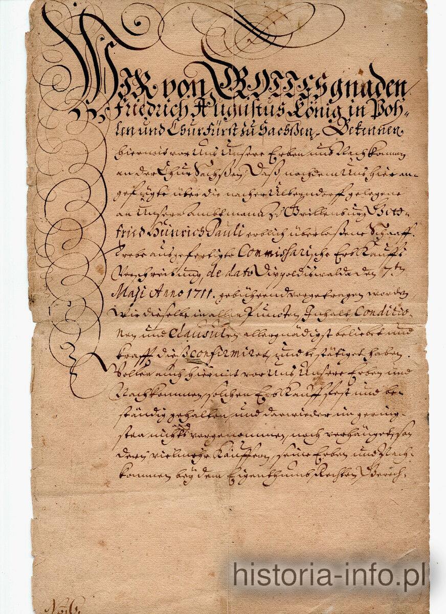 List podpisany przez kr&oacute;la Augusta II Mocnego, 1712 / 0